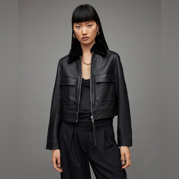 All Saints Safiya Leather Jacket Coat Outerwear Black Pockets Fur Collar US 10 - Picture 1 of 6